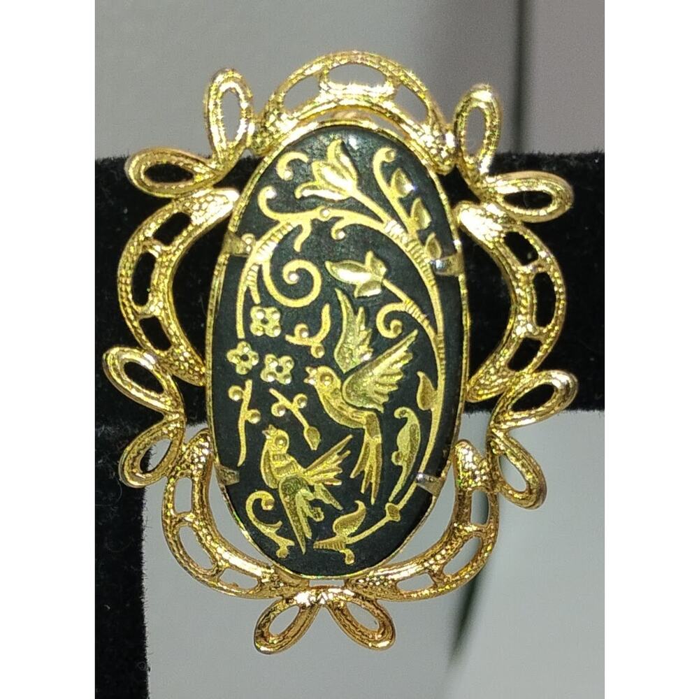 Vintage Gold Tone Damascene Style Bird Brooch Black Enamel Filigree Pin